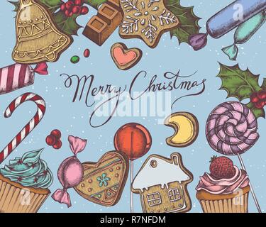 Vector composition with colored gingerbread men, gingerbread, lollipop, bar, candies, lettering, cupcakes, holly Stock Vector