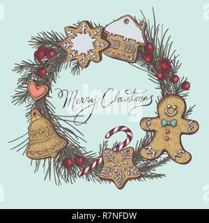 Vector composition with colored gingerbread men, gingerbread, lollipop, rowan, lettering, pine branch, spruce, redwood Stock Vector
