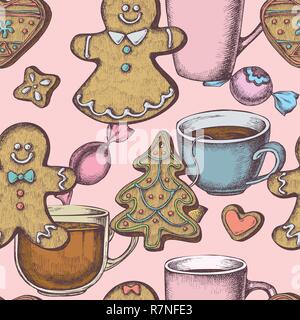 Seamless pattern with colored gingerbread men, gingerbread, candies, tea cup Stock Vector