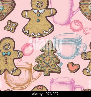 Seamless pattern with colored gingerbread men, gingerbread, candies, tea cup Stock Vector
