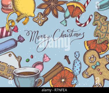 Vector composition with colored gingerbread men, gingerbread, cinnamon, macaron, lollipop, candies, lemons, oranges, lettering, tea cup Stock Vector