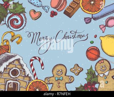 Vector composition with colored gingerbread men, gingerbread, macaron, lollipop, bar, candies, lemons, oranges, lettering, holly, gingerbread house Stock Vector