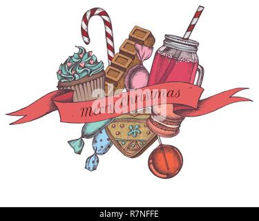 Vector composition with colored gingerbread, lollipop, candies, bar, cupcakes, macaron, jars Stock Vector