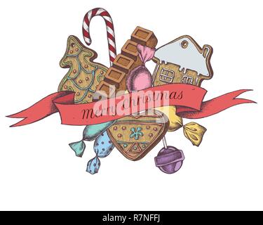 Vector composition with colored gingerbread, lollipop, candies, bar Stock Vector