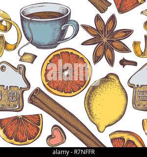Seamless pattern with colored gingerbread, cinnamon, lemons, oranges, tea cup Stock Vector