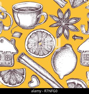 Seamless pattern with colored gingerbread, cinnamon, lemons, oranges, tea cup Stock Vector