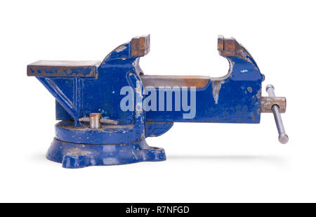 Open Worn Blue Anvil Vise Clamp Isolated on a White Background. Stock Photo