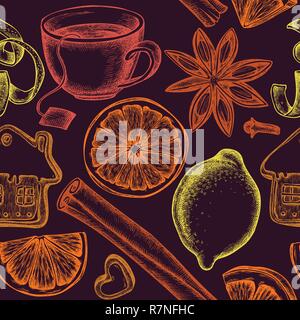 Seamless pattern with colored gingerbread, cinnamon, lemons, oranges, tea cup Stock Vector
