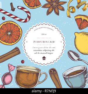 Vector composition with colored cinnamon, lollipop, candies, lemons, oranges, teaspoon, tea cup Stock Vector
