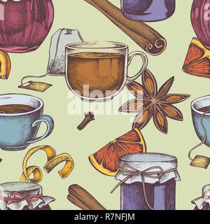 Seamless pattern with colored cinnamon, lemons, oranges, tea bag, jars, tea cup Stock Vector