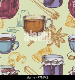 Seamless pattern with colored cinnamon, lemons, oranges, tea bag, jars, tea cup Stock Vector
