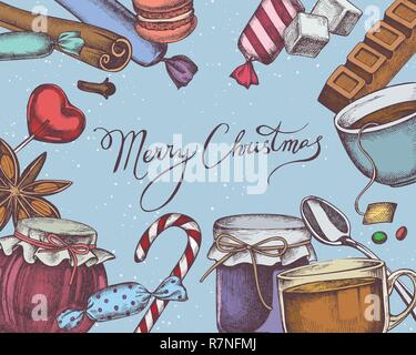 Vector composition with colored cinnamon, macaron, lollipop, bar, candies, lettering, teaspoon, sugar cubes, jars, tea cup Stock Vector
