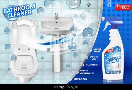 Bathroom cleaners ad poster, spray bottle mockup with liquid soap detergent for bathroom sink and toilet with bubbles. 3d Vector illustration Stock Vector