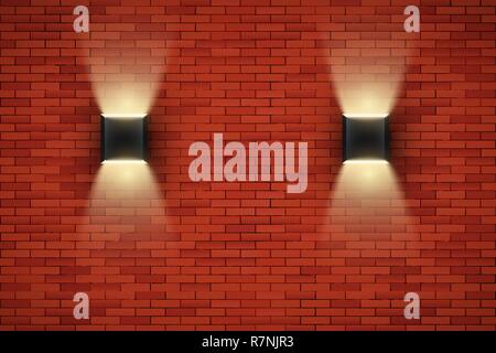 Interior of red brick wall with sconce lamps. Vintage loft room and fashion interior. Vector Illustration Stock Vector