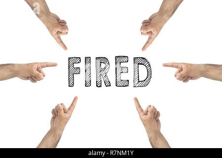 HR concept. Hands pointing Fired inscription on white background. Stock Photo