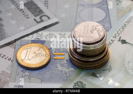 Euro and rouble currency. The exchange rate of the Euro (EUR) and the Ruble (RUR). Banknote background Stock Photo