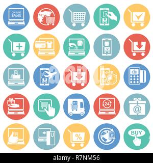 Online shopping icons set on color circles background for graphic and web design, Modern simple vector sign. Internet concept. Trendy symbol for website design web button or mobile app. Stock Vector