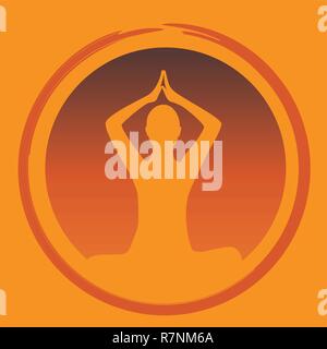 young person sitting in yoga meditation lotus position orange silhouette vector illustration EPS10 Stock Vector