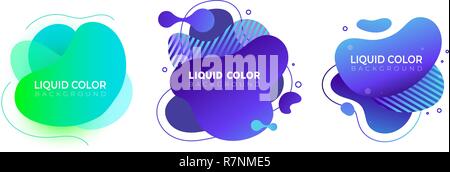 Set of plastic liquid gradient waves with geometric lines Stock Vector