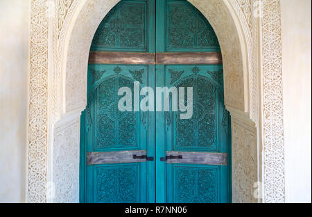 Marrakech door - blue doors with white alabaster surround, Marrakech, Morocco Africa Stock Photo