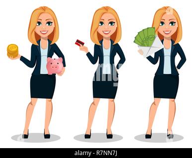 Business woman in office style clothes, set of three poses. Modern lady businesswoman holds bitcoins and piggy bank, holds credit card and holds cash. Stock Vector