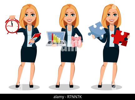 Business woman in office style clothes, set of three poses. Modern lady businesswoman holds alarm clock, holds laptop and holds two pieces of puzzle.  Stock Vector