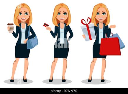 Business woman in office style clothes, set of three poses. Modern lady businesswoman holds coffee, holds credit card and holds shopping bags. Cheerfu Stock Vector
