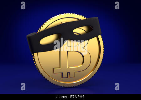 Bitcoin fraud: 3D render of a bitcoin with a thugs mask. Conceptual image Stock Photo