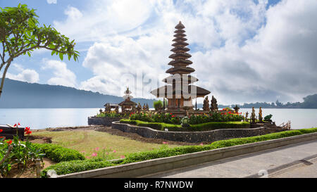 Two spires of the floating Pura Bratan hindu temple on Lake Bratan, Bedugul, Bali, Indonesia. Stock Photo