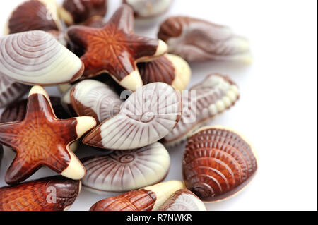 Swiss chocolate seashells on white background Stock Photo
