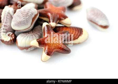 Swiss chocolate seashells on white background Stock Photo