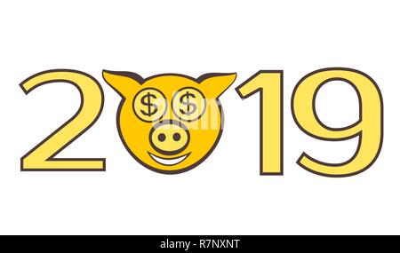 The cute piggy muzzle in numbers of 2019. Stock Vector