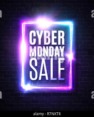 Cyber Monday sale banner in neon laser rectangle background. Shining square sign on dark blue brick texture wall with explosion firework. Discount card design template. Light vector illustration. Stock Vector