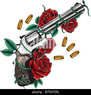 Pair of crossed guns and rose flowers drawn in tattoo style. Vector illustration. Stock Vector