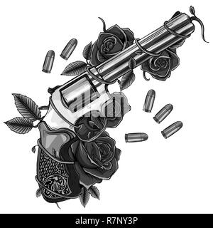 Pair of crossed guns and rose flowers drawn in tattoo style. Vector illustration. Stock Vector