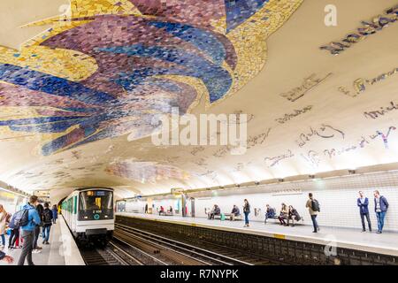 France, Paris, Cluny Sorbonne metro station, Jean Bazaine mosaics with signatures of famous Sorbonne students Stock Photo