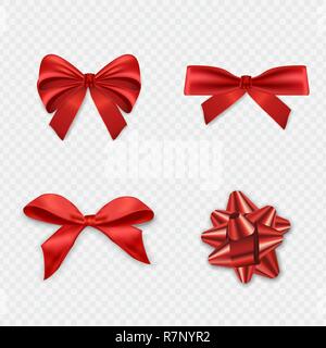 Red Christmas ribbon bow collection, realistic holiday gift box fabric wrapping on isolated background. Stock Vector