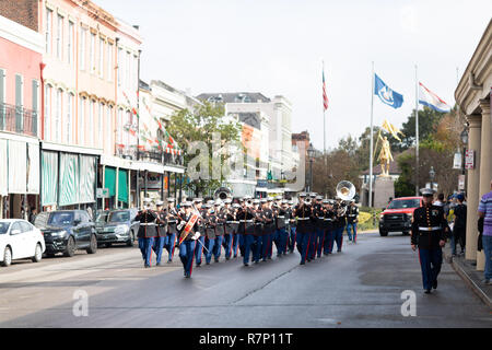 New Orleans, Louisiana USA - November 24, 2018: The Bayou Classic Parade, United States Marine Corps marching band performing at the parade. Stock Photo