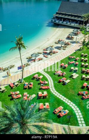 United Arab Emirates, Abu Dhabi, Al Zahiyah district, panorama from Abu Dhabi Mall, beach of the luxury Beach Rotana hotel Stock Photo