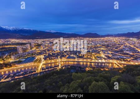 France, Isère, Grenoble, panorama since the fort of the Bastille, view of the collegiate church Saint André, the chain of snowy Belledonne and Vercors Stock Photo