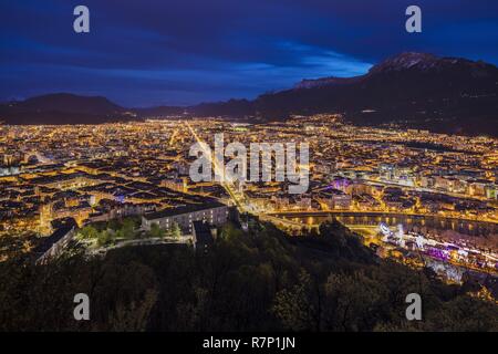 France, Isère, Grenoble, panorama since the fort of the Bastille, view of the Jean Jaures Courts the longest rectilinear avenue of Europe and the Vercors Stock Photo