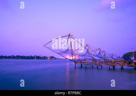 beautiful evening scene of  Kochi chinese fishnets in Kochi, Kerala. Fort Kochin, south India Stock Photo