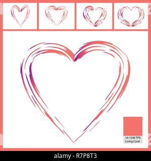 Collection of five hearts in Living Coral color. Stock Vector