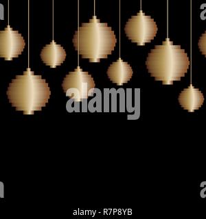 Vector decorative seamless border of golden Pixel art Christmas tree ball toy on black background. Christmas minimalist background, greeting card for  Stock Vector