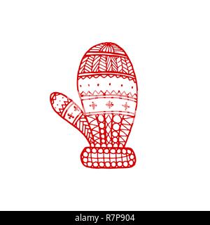 Vector Christmas decorative symbol - doodle mitten. Christmas hand drawn red mitten on white background Stock Vector