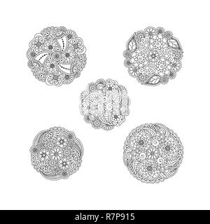 Vector set of five decorative black floral mandalas, patterned design element. Coloring book page anti stress for adults. Stock Vector