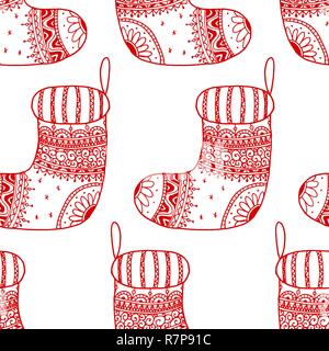 Vector seamless pattern of Christmas decorative symbol - sock. Christmas decorative texture of red stocking on white background Stock Vector