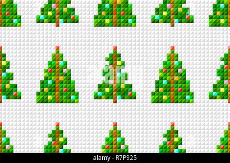 Vector seamless pattern of pixel art Christmas tree on pixel gray background Stock Vector