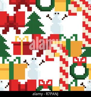 Colorful Pixel Pattern with Christmas Elements. Atcade games style Stock Vector