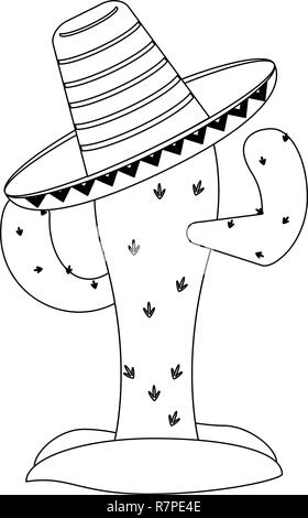 Cactus with mexican hat in black and white Stock Vector